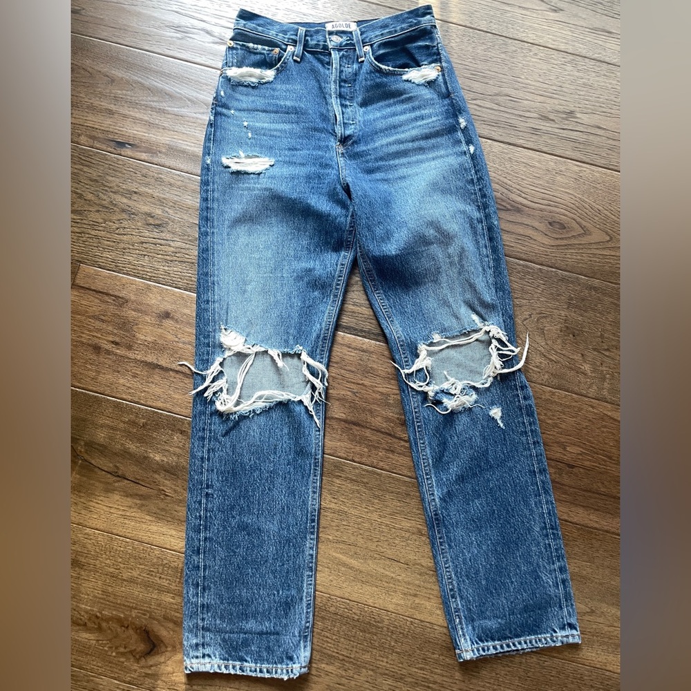 Agolde Ripped Blue Straight Leg Jeans